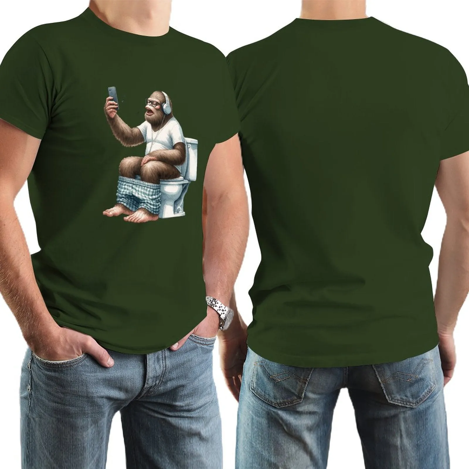 Sasquatch, Bigfoot on Toilet -Short Sleeve Cotton T-shirt Men (High Definition & Dual-sided Printing)