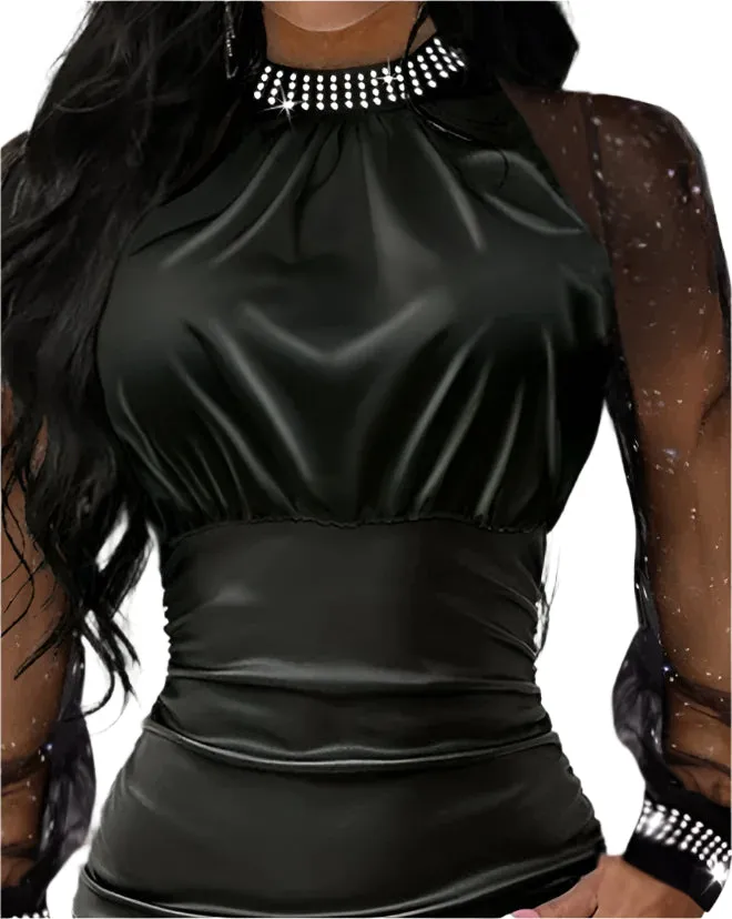 Sexy Rhinestone Sheer Mesh Mock Neck Long Sleeve PU Leather Patch Mini Bodycon Dress for Women – Fashion Casual Party Dress