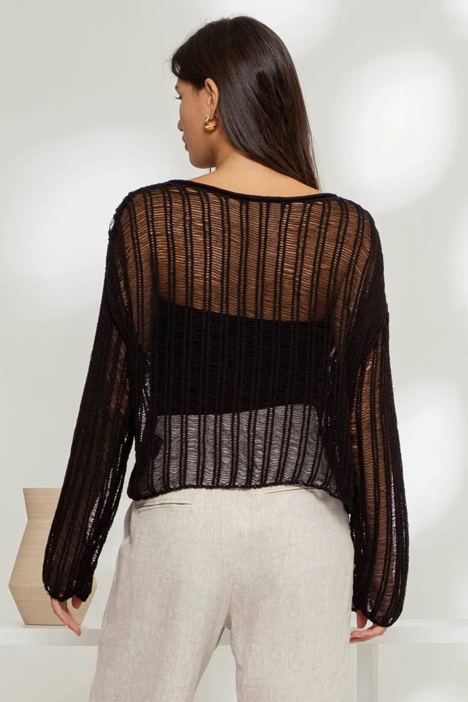 Sheer Crochet Ladder Knit Pullover Sweater