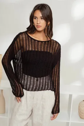 Sheer Crochet Ladder Knit Pullover Sweater