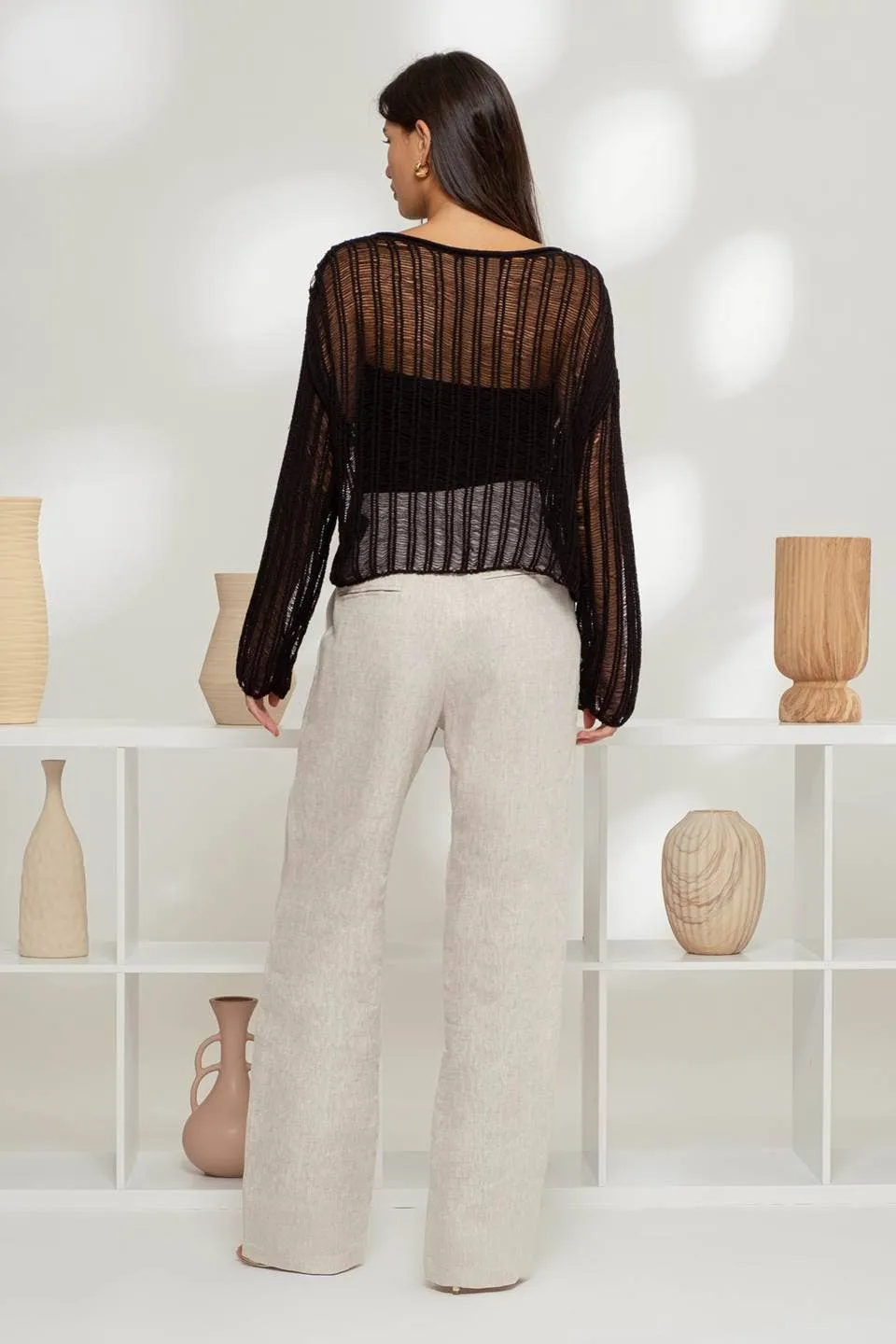 Sheer Crochet Ladder Knit Pullover Sweater