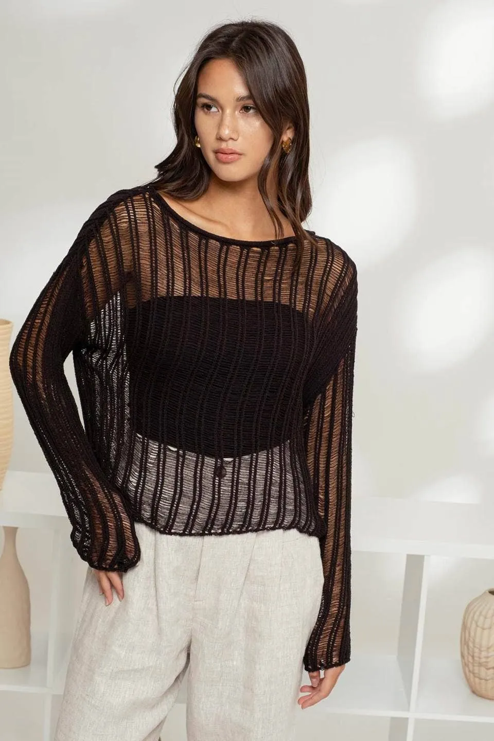 Sheer Crochet Ladder Knit Pullover Sweater