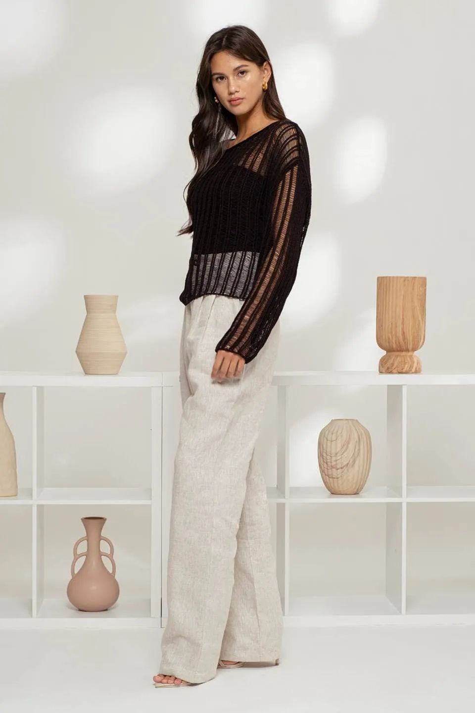 Sheer Crochet Ladder Knit Pullover Sweater