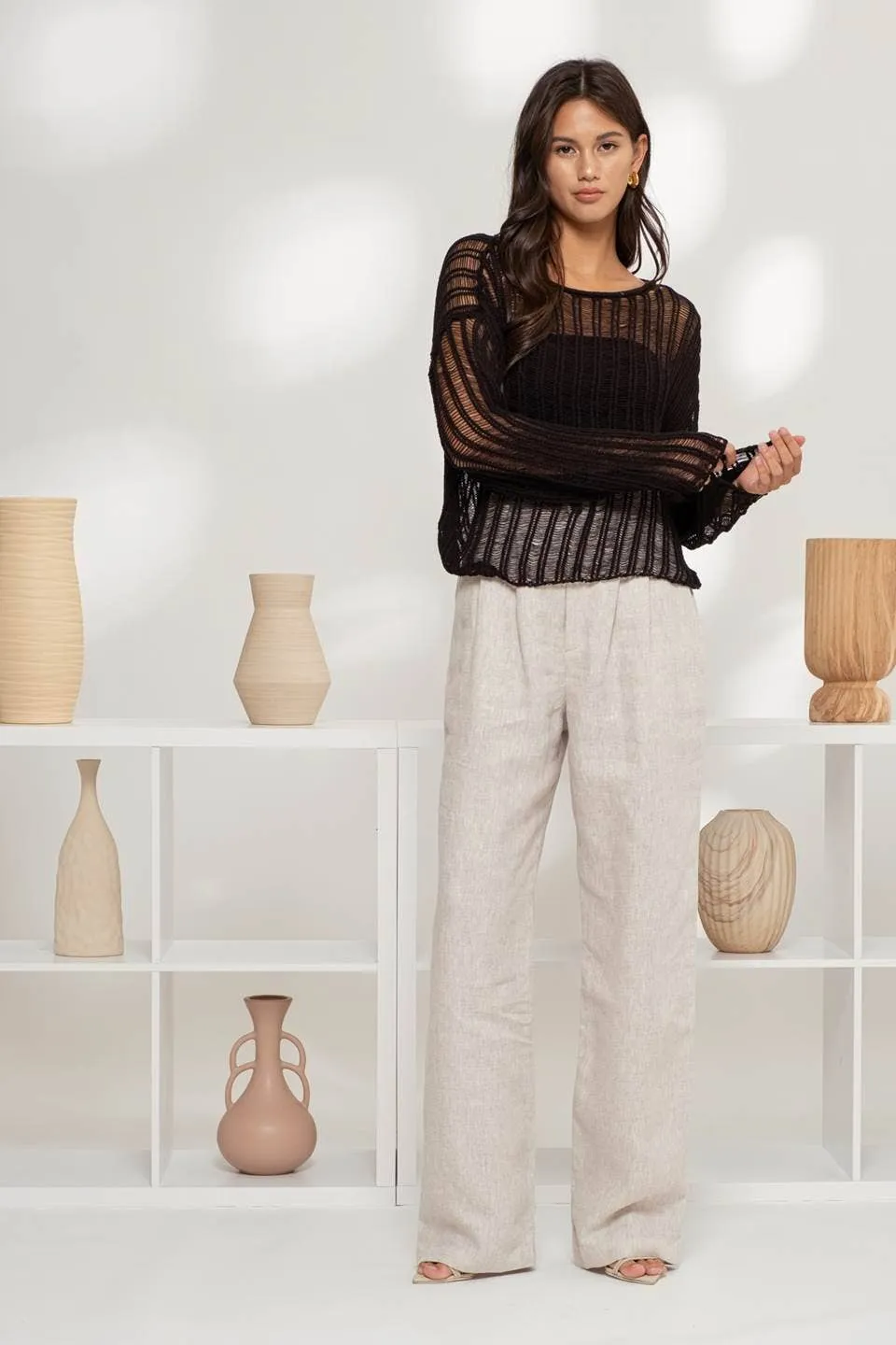 Sheer Crochet Ladder Knit Pullover Sweater
