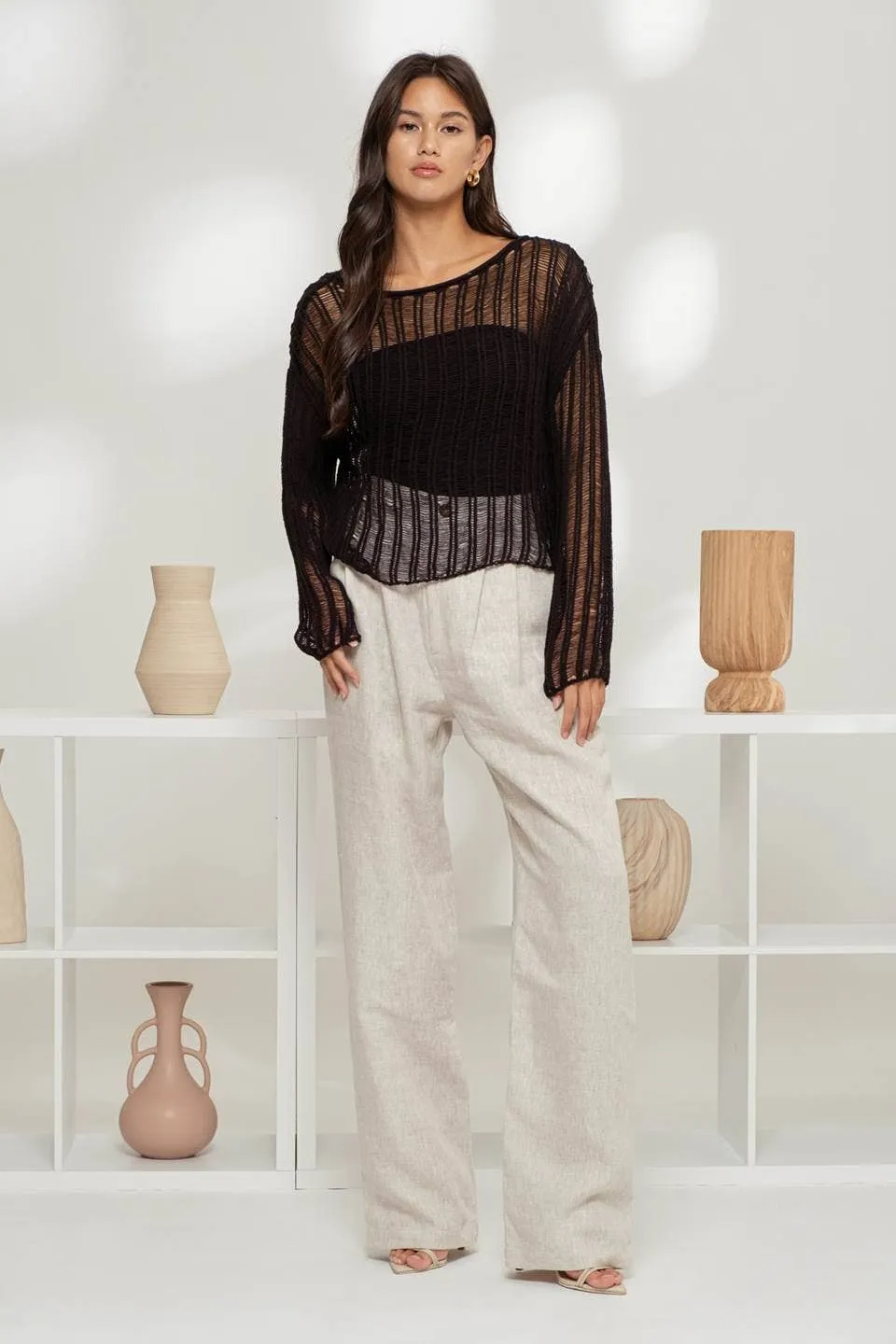 Sheer Crochet Ladder Knit Pullover Sweater