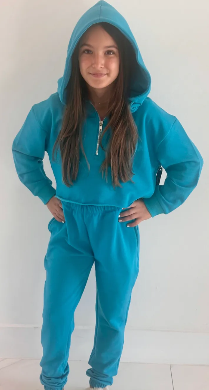 ^Soft Crop Half Zip Hoodie - Jade Blue