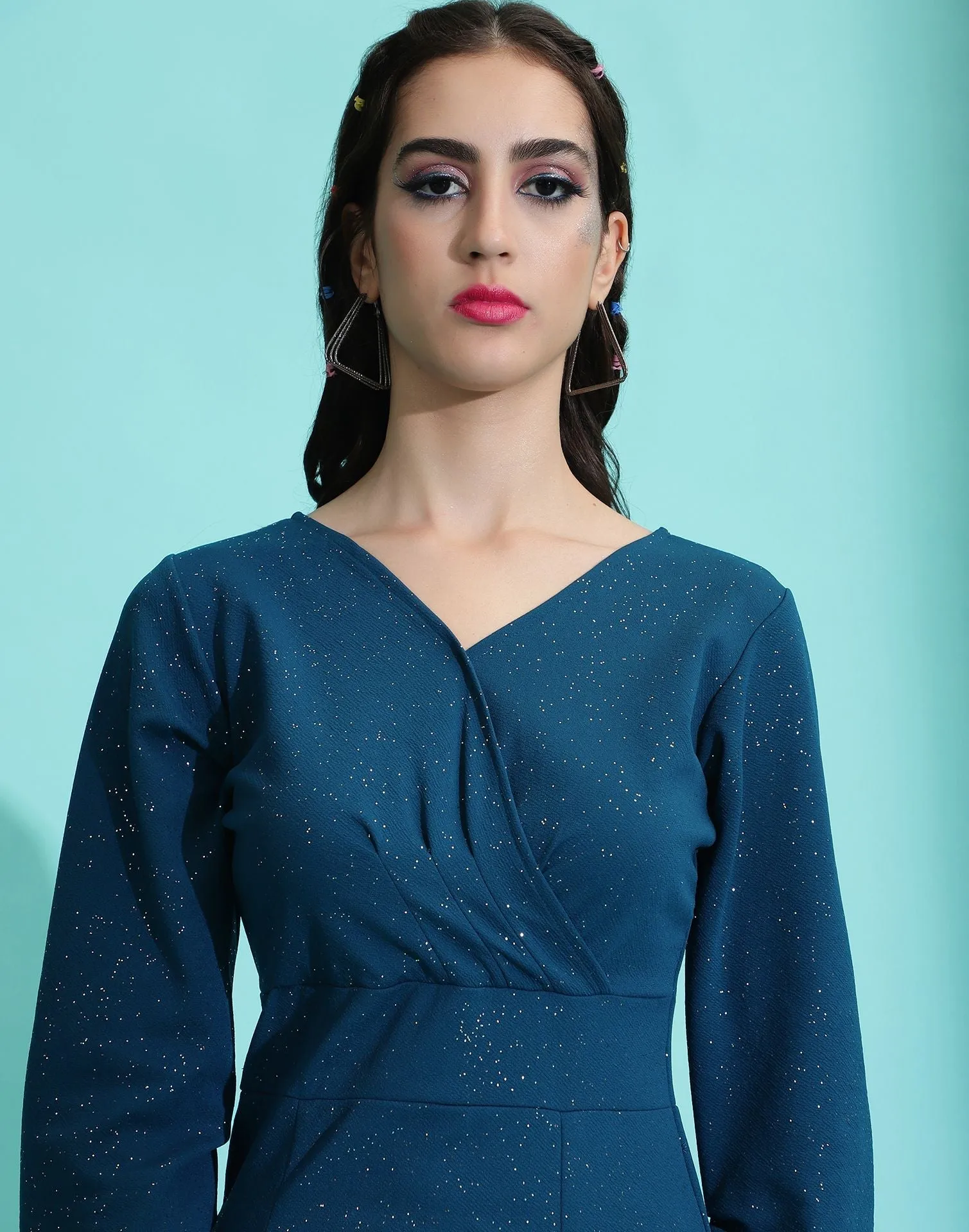 Teal Glitter Wrap Bodycon Dress