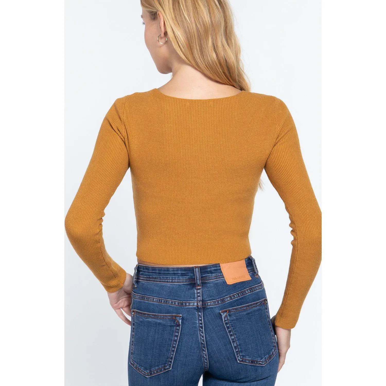 V-neck Front Knotted Crop Sweater