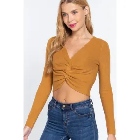 V-neck Front Knotted Crop Sweater