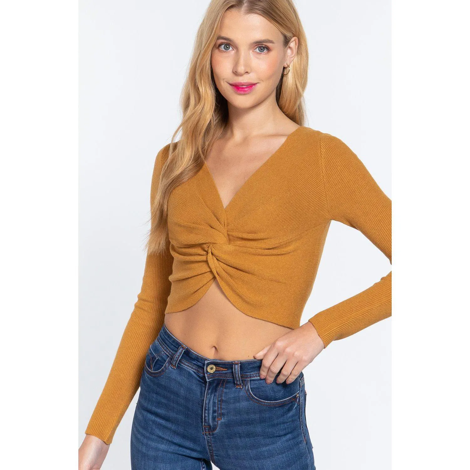V-neck Front Knotted Crop Sweater