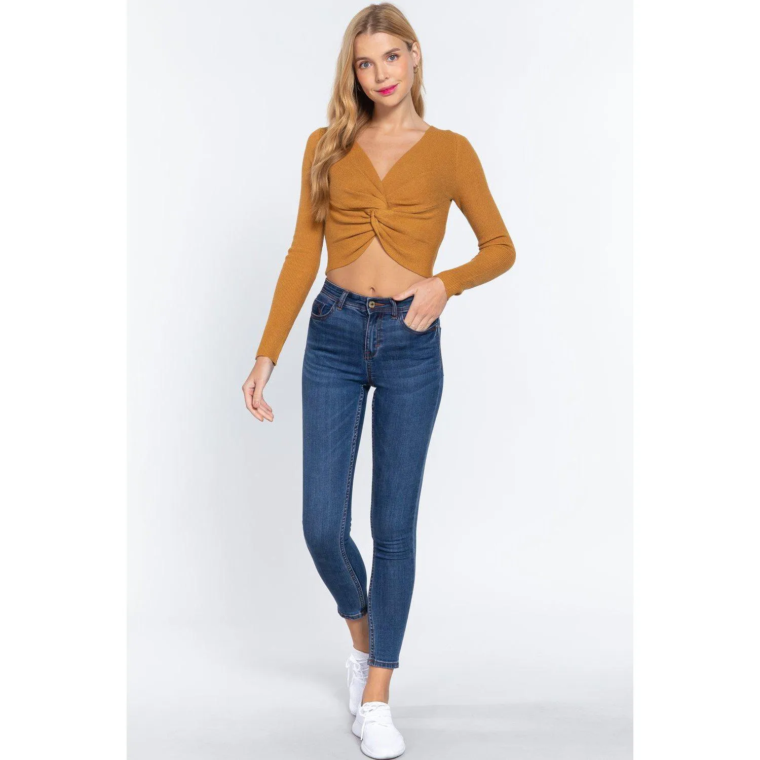 V-neck Front Knotted Crop Sweater