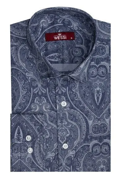 WSS Blue Patterned Slim Fit Men's Shirt  - Singen